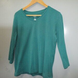 St. John's Bay Women's Blouse Size M Dark Green 100% Cotton 3/4 Sleeve Top